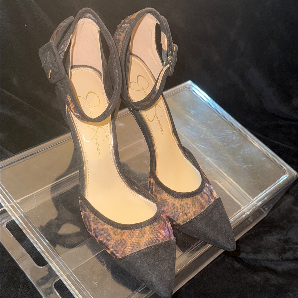 NEW JESSICA SIMPSON Size 7m Black Multi Leopard Ankle Strap Shoes - Picture 3 of 10